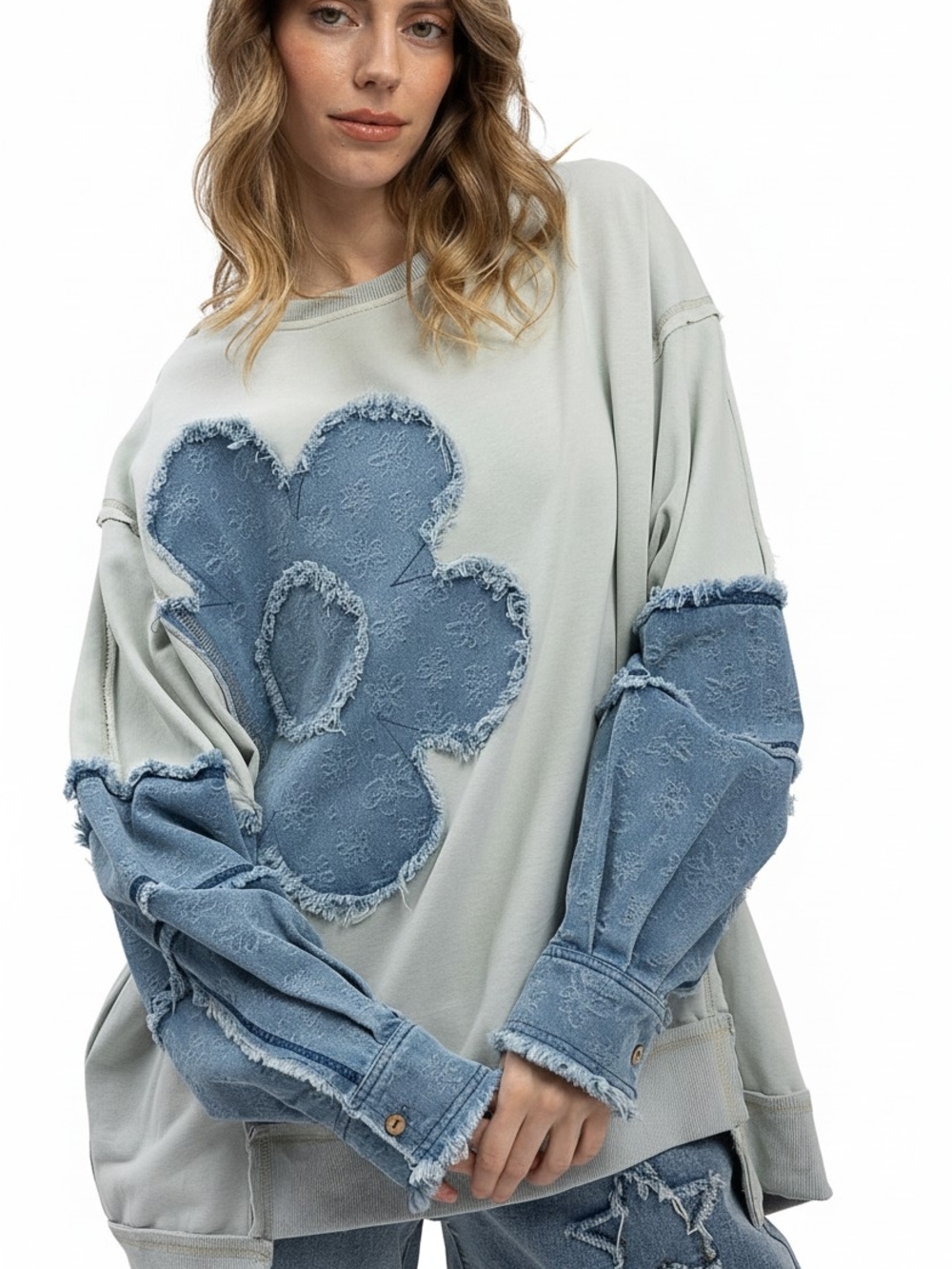 Bluevelvet Denim Flower Patchwork Jacket – Oversized Cream Sweatshirt